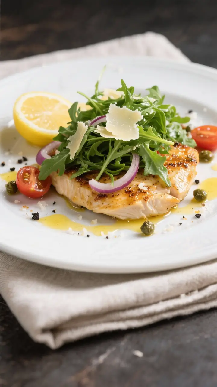 Final plated, overhead: Restaurant-quality plate of chicken paillard topped with a generous mound of