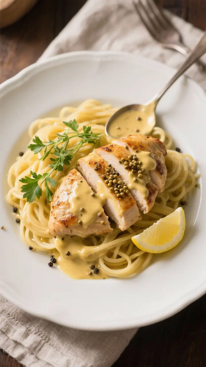 Final plated overhead shot: Pan seared chicken with mustard cream sauce served over buttered egg noo