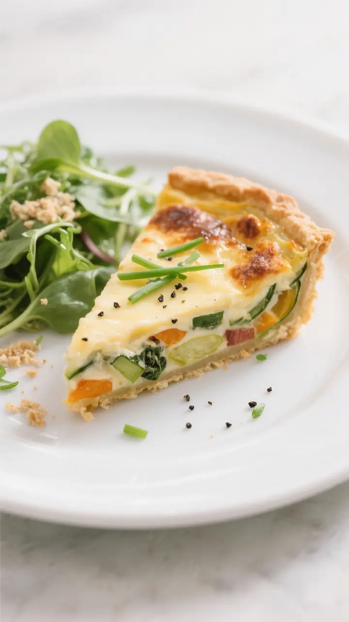 Final plated presentation: a clean slice of Spring Vegetable Quiche with silky custard and distinct 