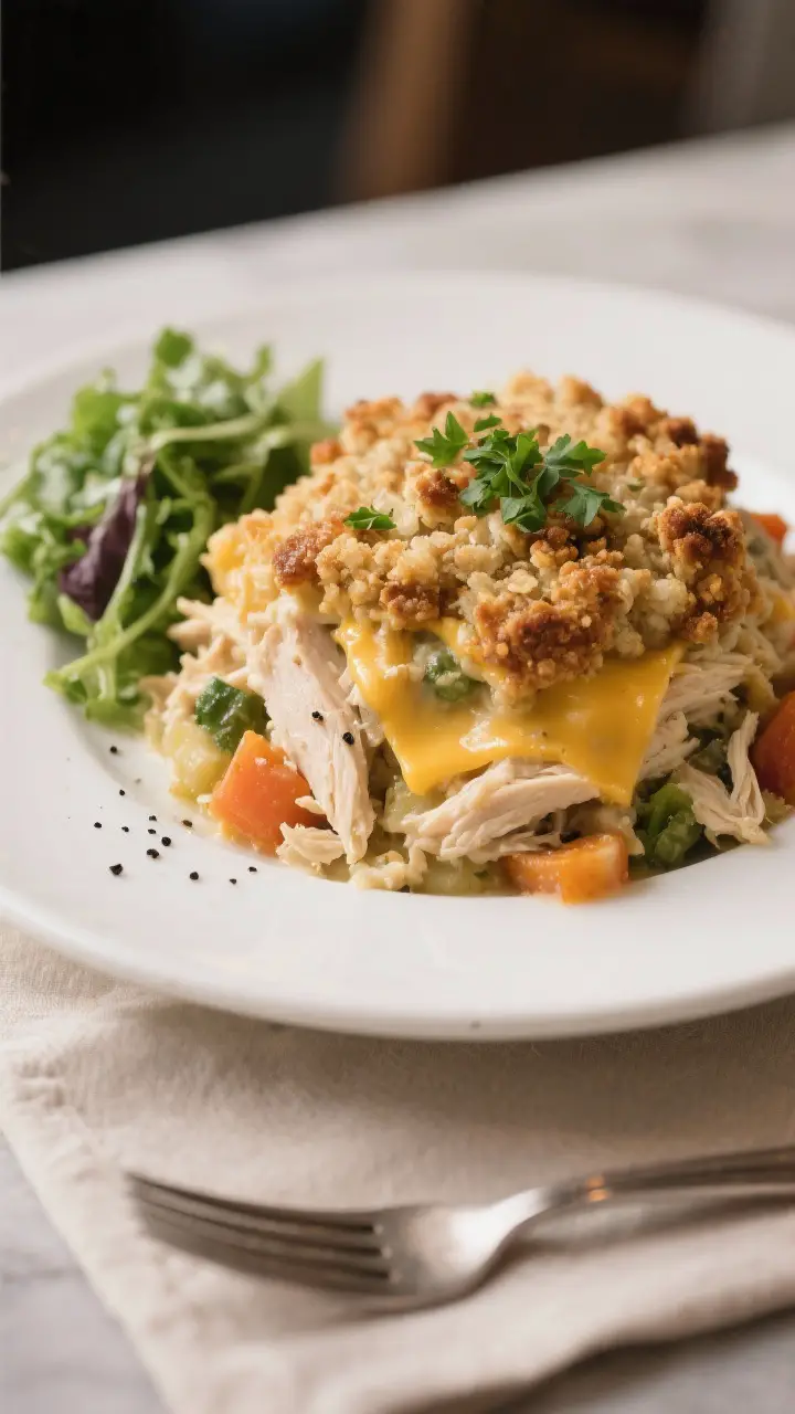 Final plated presentation: A generous scoop of chicken and stuffing casserole on a wide white plate,