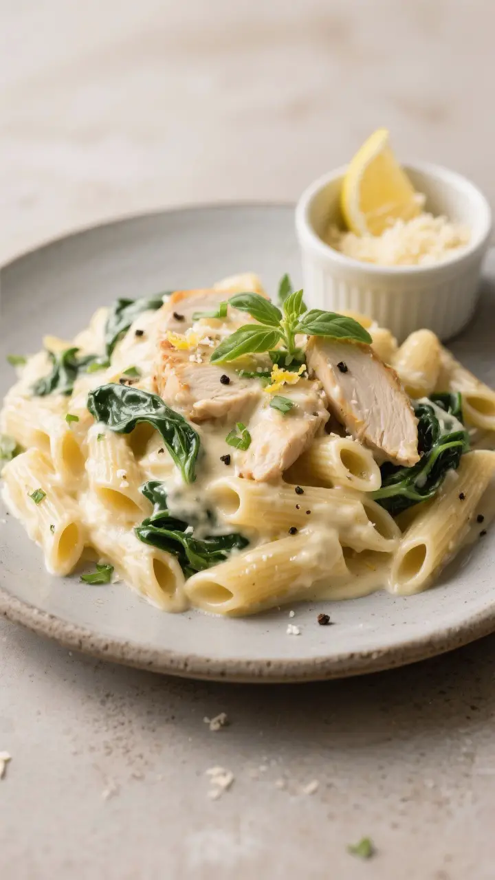 Final plated presentation: A generous scoop of the Alfredo bake twirled with penne on a matte stonew
