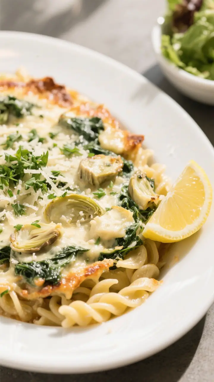 Final plated presentation: a restaurant-quality serving of Spinach Artichoke Pasta Bake on a wide wh