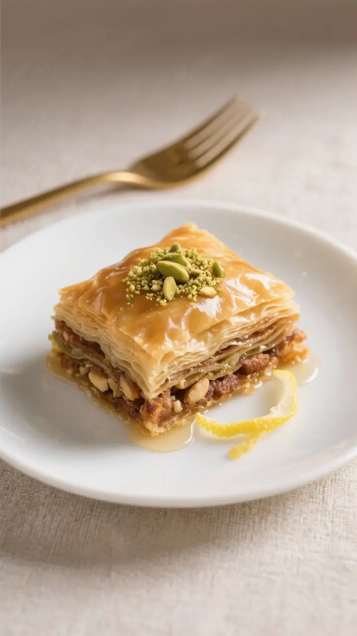 Final plated presentation: A single diamond of baklava on a small white porcelain plate, immaculate 