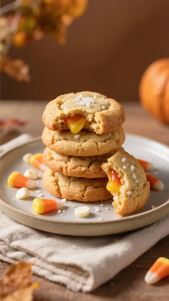 Final plated presentation: a stack of candy corn cookies on a matte ceramic plate with a few scatter