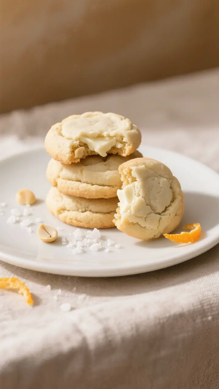 Final plated presentation: a stack of three white chocolate macadamia nut cookies on a matte white p