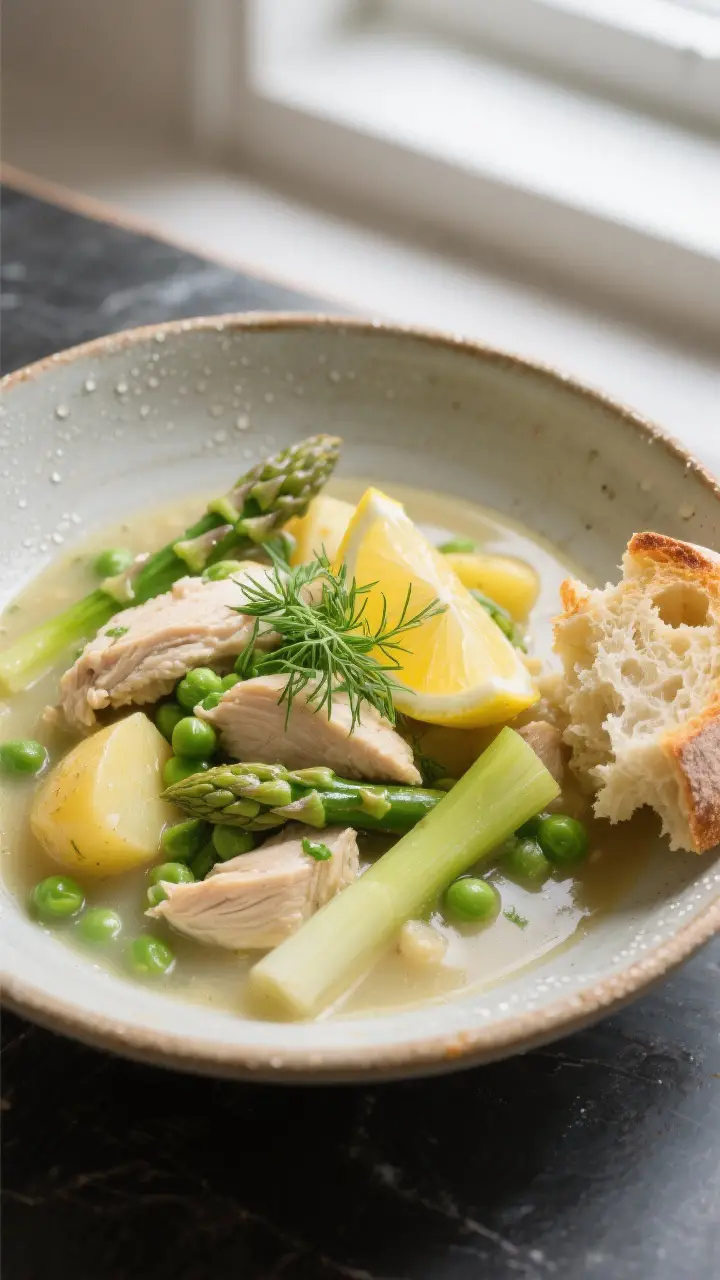 Final plated presentation: Beautifully plated bowl of Spring Vegetable and Chicken Stew with a clear