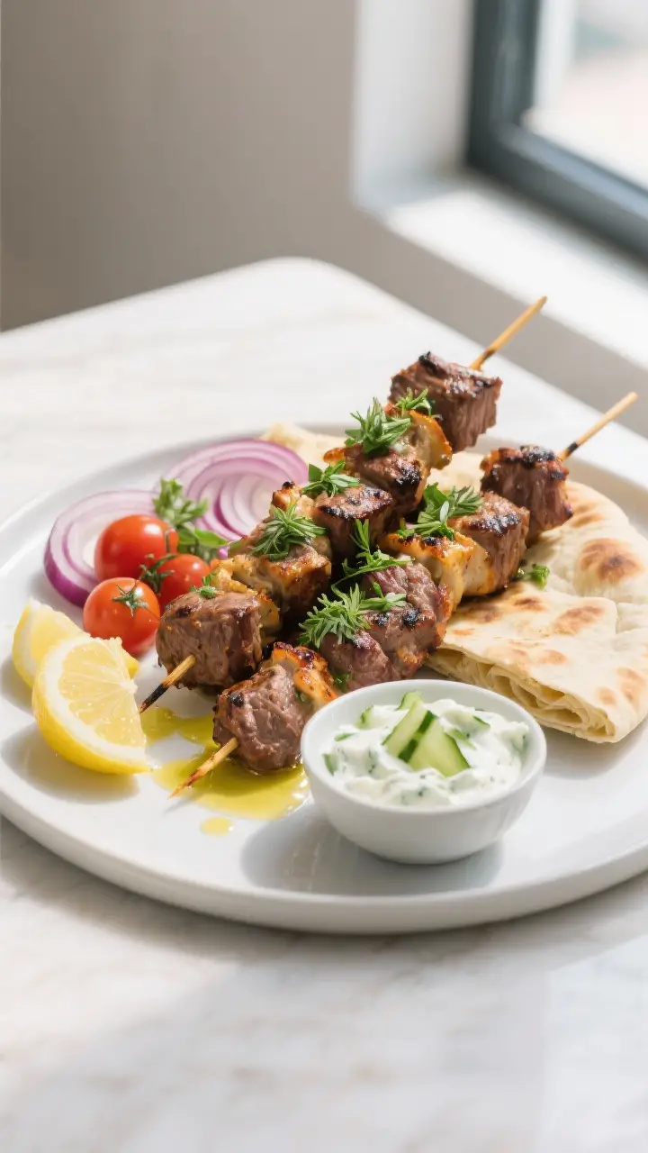 Final plated presentation: Beautifully plated grilled lamb kebabs with tzatziki on a matte white pla