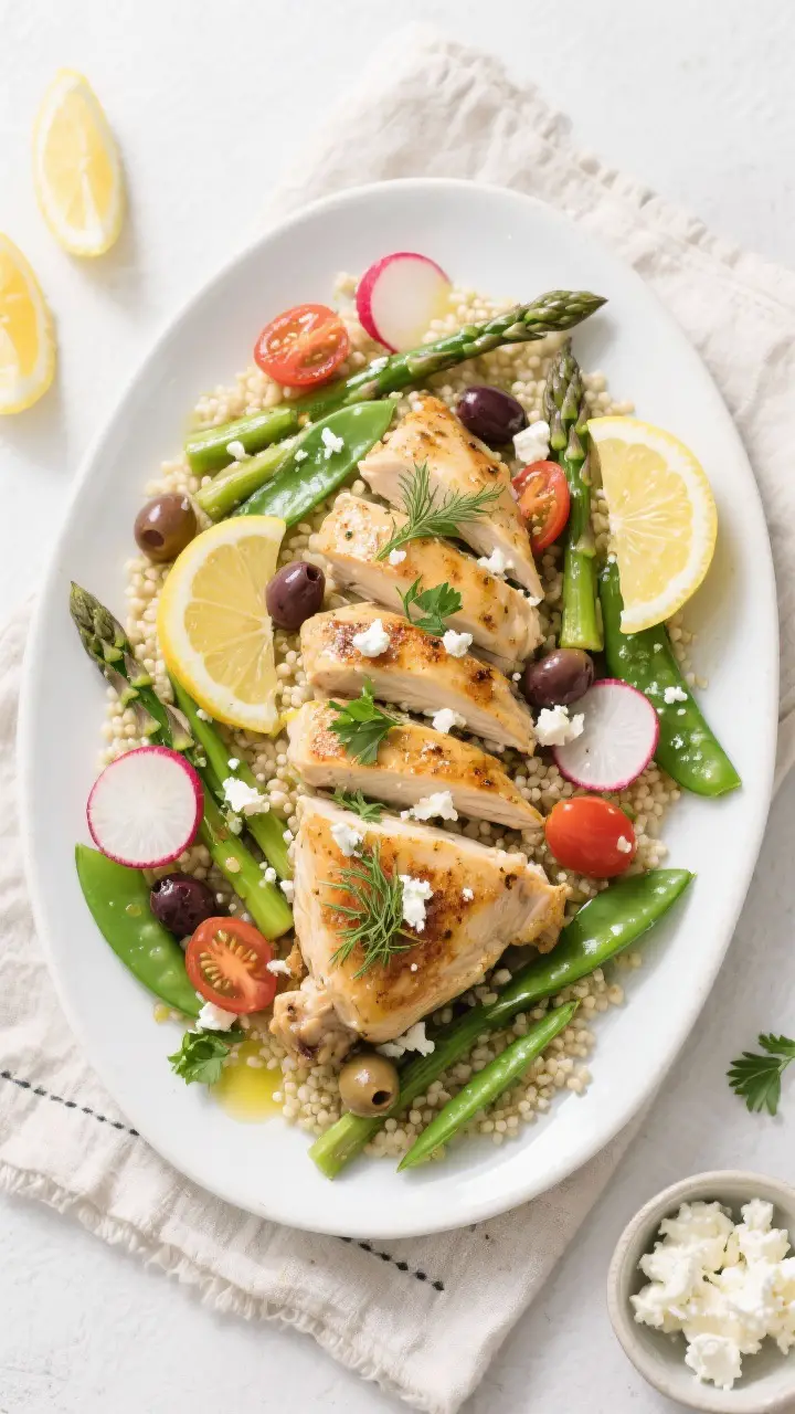 Final plated presentation: Beautifully plated Sheet Pan Mediterranean Chicken with Spring Vegetables