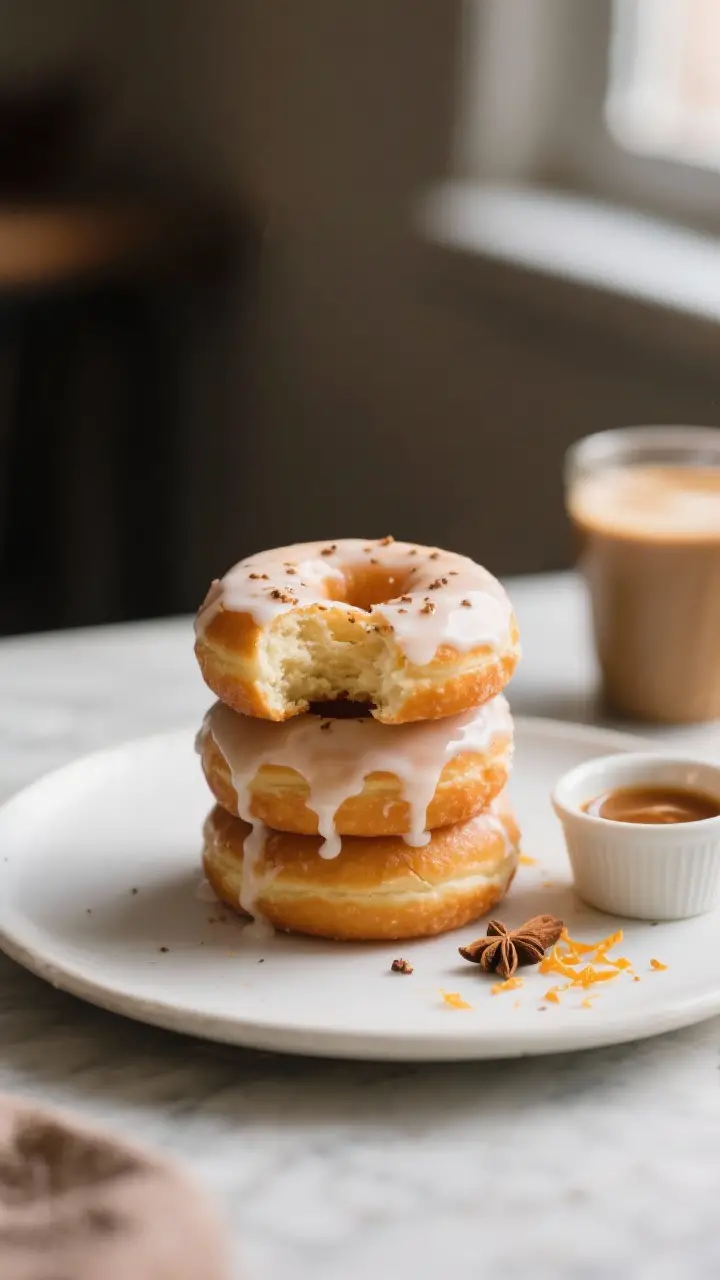 Final plated presentation: Beautifully plated stack of classic glazed sour cream donuts on a matte w