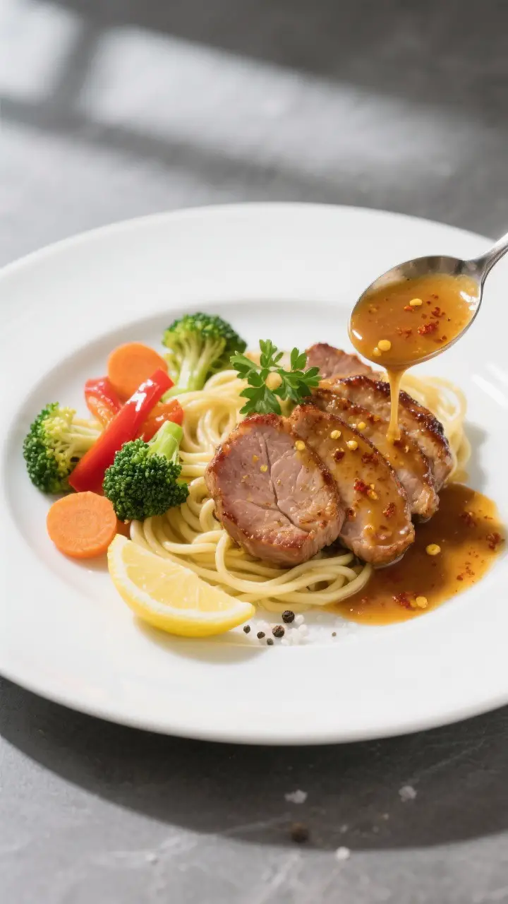 Final plated presentation, close-up: Restaurant-quality plate of honey mustard pork medallions fanne