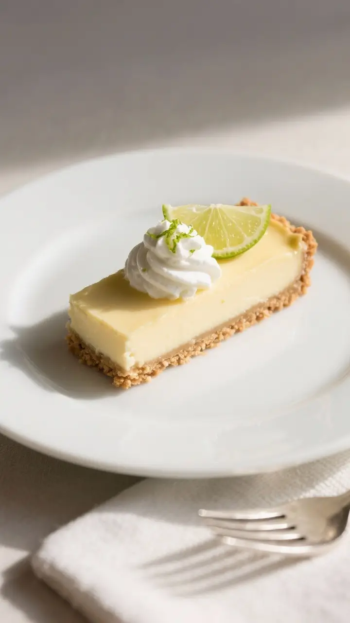 Final plated presentation of a single key lime bar on a matte white dessert plate: crisp crust, smoo