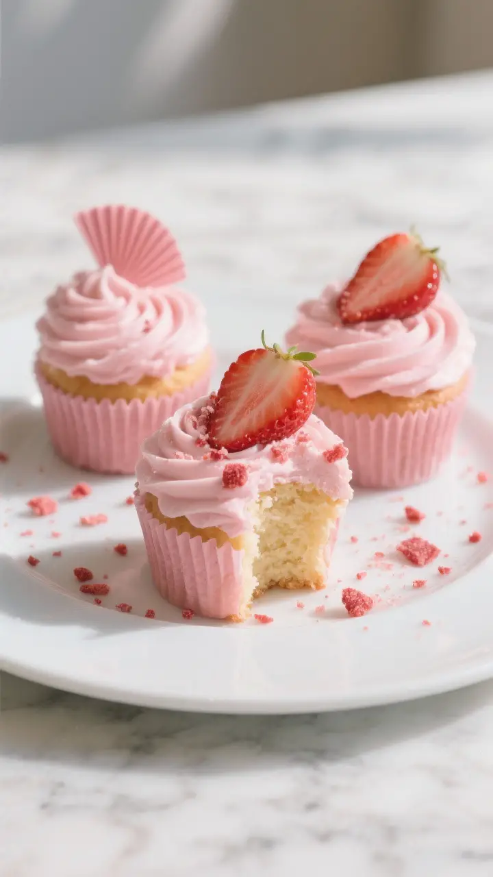 Final plated presentation: Restaurant-quality beauty shot of three strawberry cupcakes on a matte wh