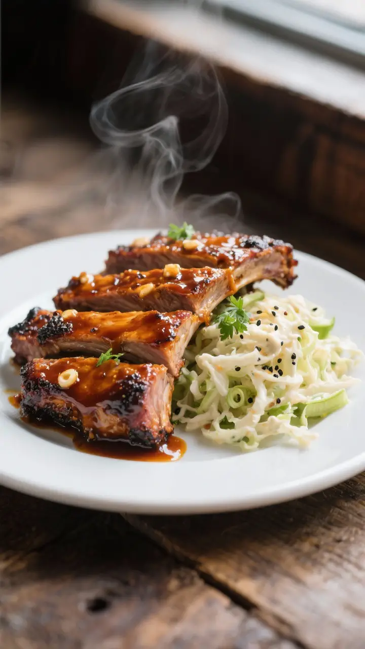 Final plated presentation: Restaurant-quality plate with 3–4 rib bones stacked, sauce glistening a