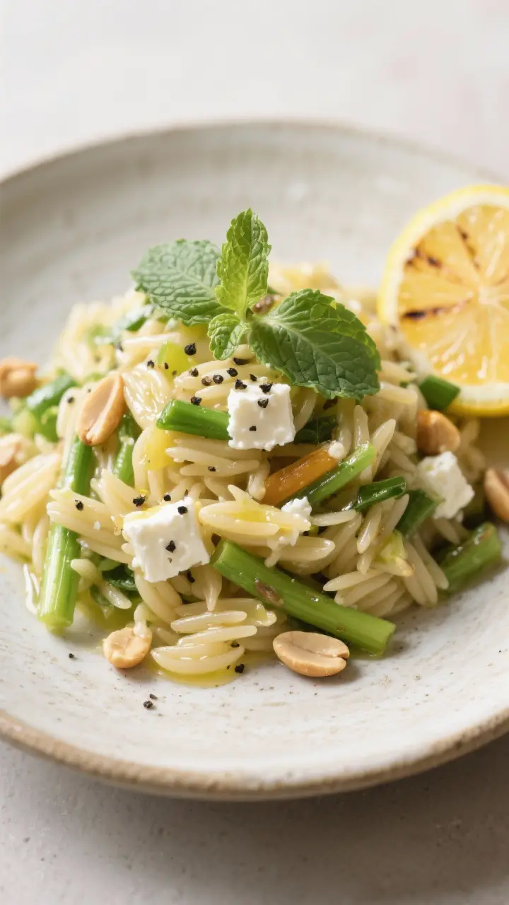 Final plated presentation: Restaurant-quality plate of Spring Vegetable Orzo Salad served slightly c