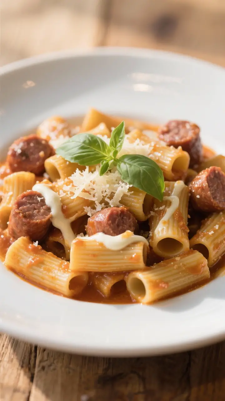 Final plated presentation: Restaurant-quality plating of rigatoni swirled into a shallow rimmed plat