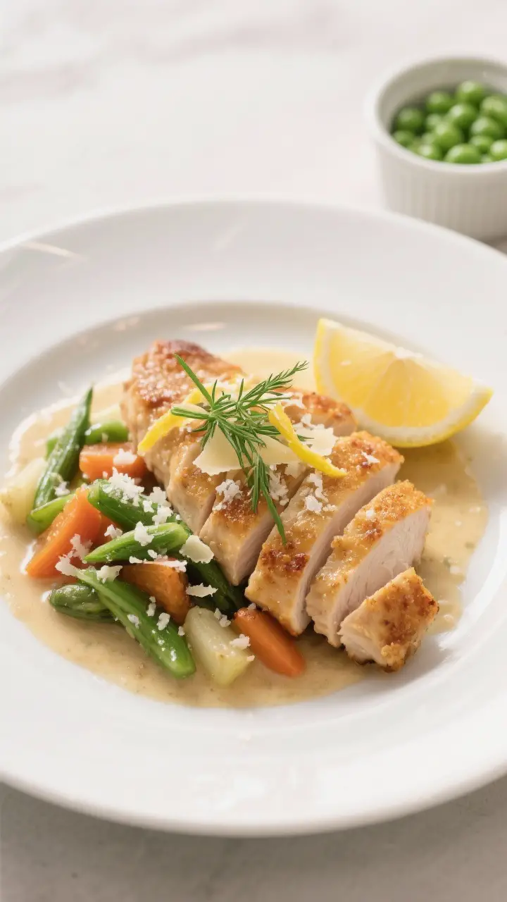 Final plated presentation: Restaurant-quality plating of Chicken Cutlets With Spring Vegetables on a
