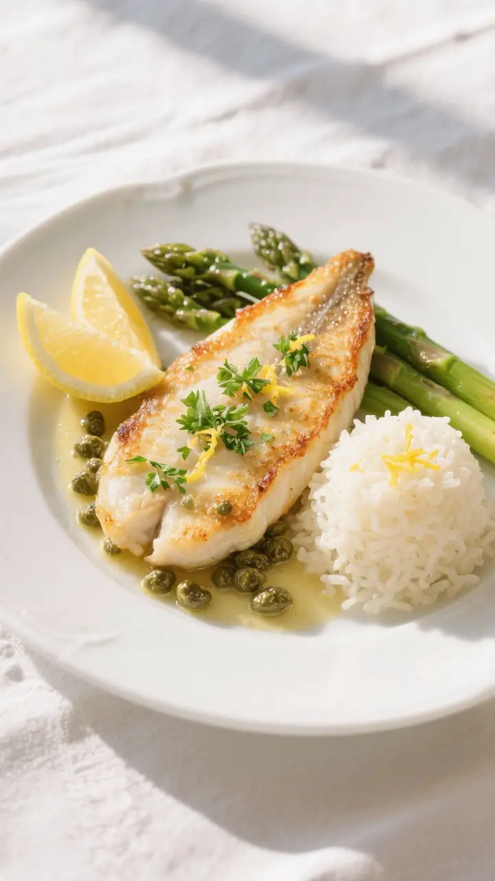 Final plated presentation: Restaurant-quality plate of pan fried flounder with lemon caper sauce spo
