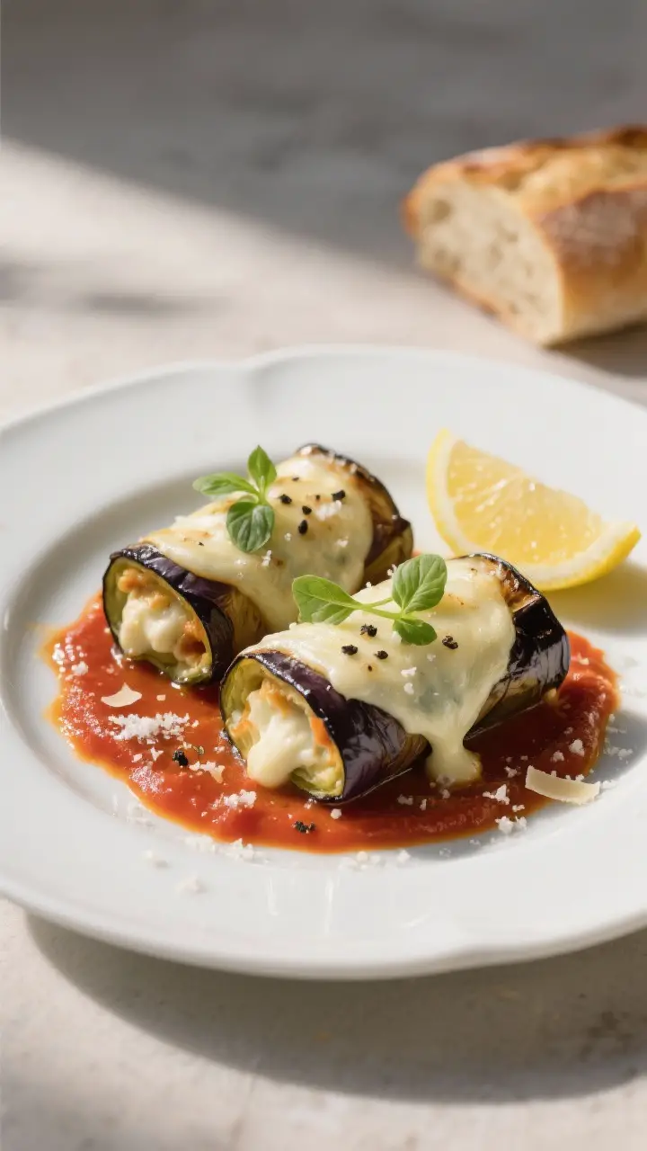 Final plated presentation: Restaurant-quality plate of two eggplant rollatini on a white ceramic pla