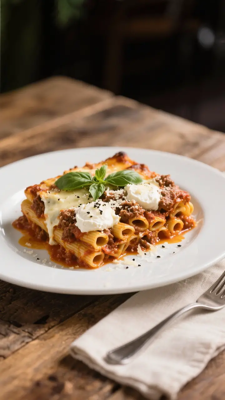 Final plated presentation: Restaurant-quality serving of baked ziti on a wide white plate, a generou