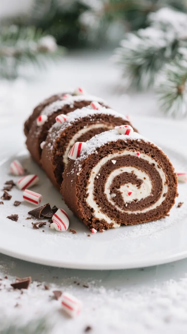 Final plated presentation: Sliced Chocolate Peppermint Roulade on a matte white platter, showcasing 