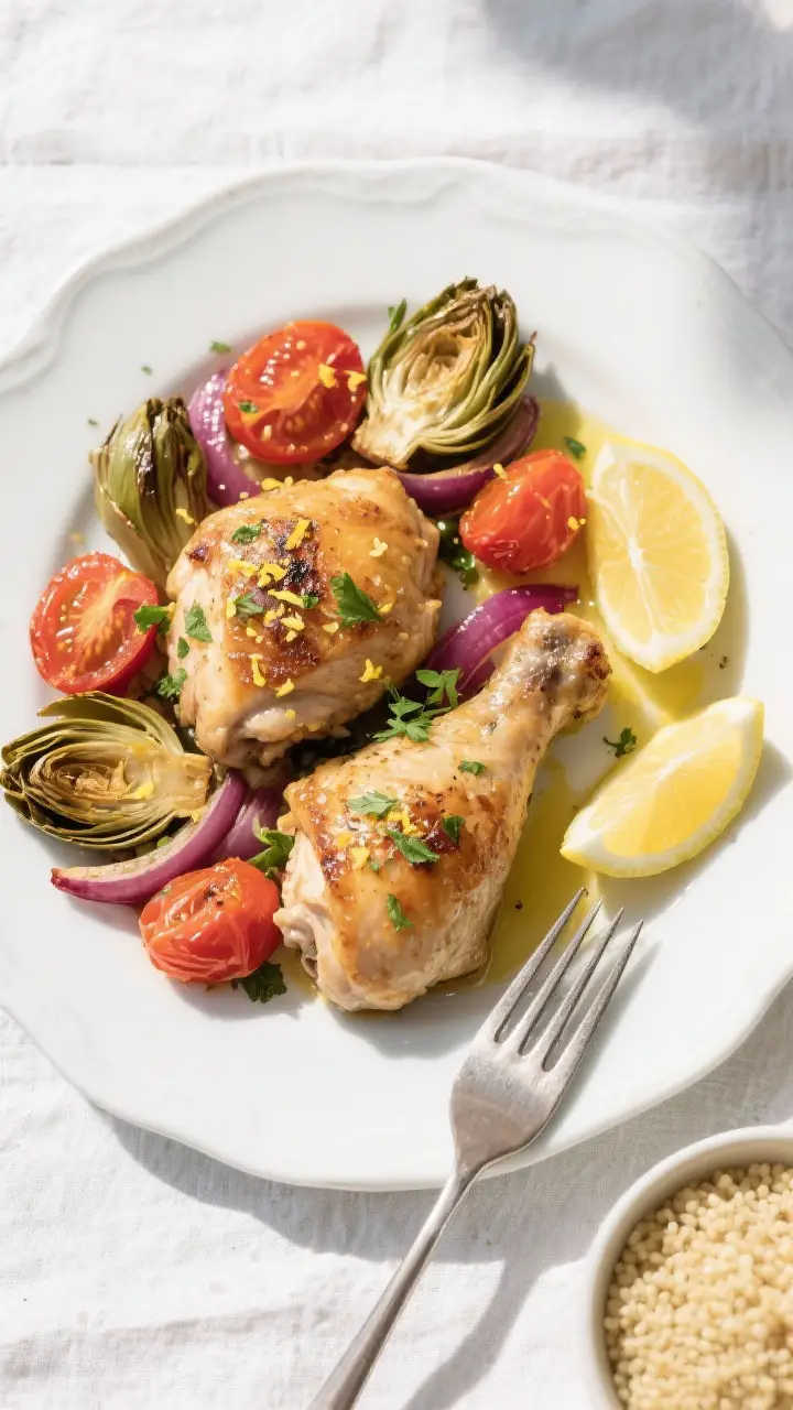 Final plated presentation, top-down: Beautifully plated Sheet Pan Chicken Thighs With Artichokes and