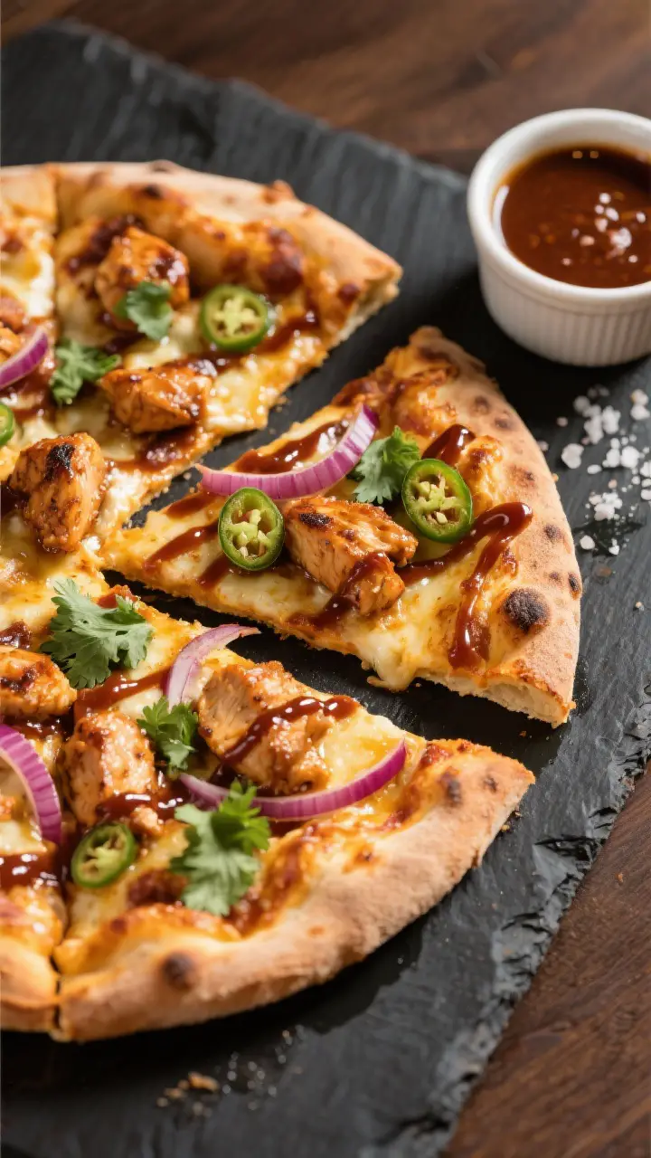 Final plated presentation: top-down shot of a finished BBQ Chicken Pizza cut into rustic wedges on a