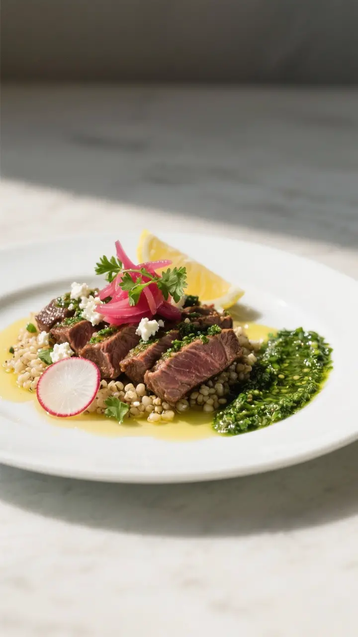 Final plated restaurant presentation: Elegant shallow white plate with quinoa base topped by tender 