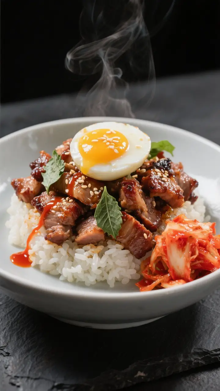 Final plated restaurant-quality presentation: Korean BBQ Pork Bowl hero shot at a 45-degree angle, s