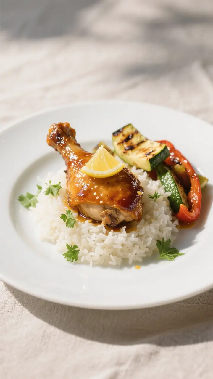 Final plated restaurant-quality presentation: Single portion of honey-glazed chicken thigh, bone-in 