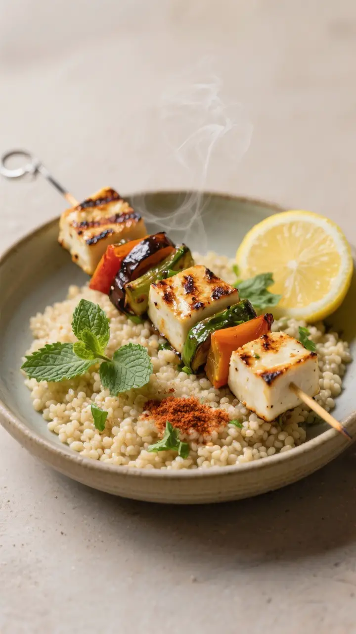 Final plated restaurant-quality presentation: Single serving of grilled halloumi and veggie skewers 