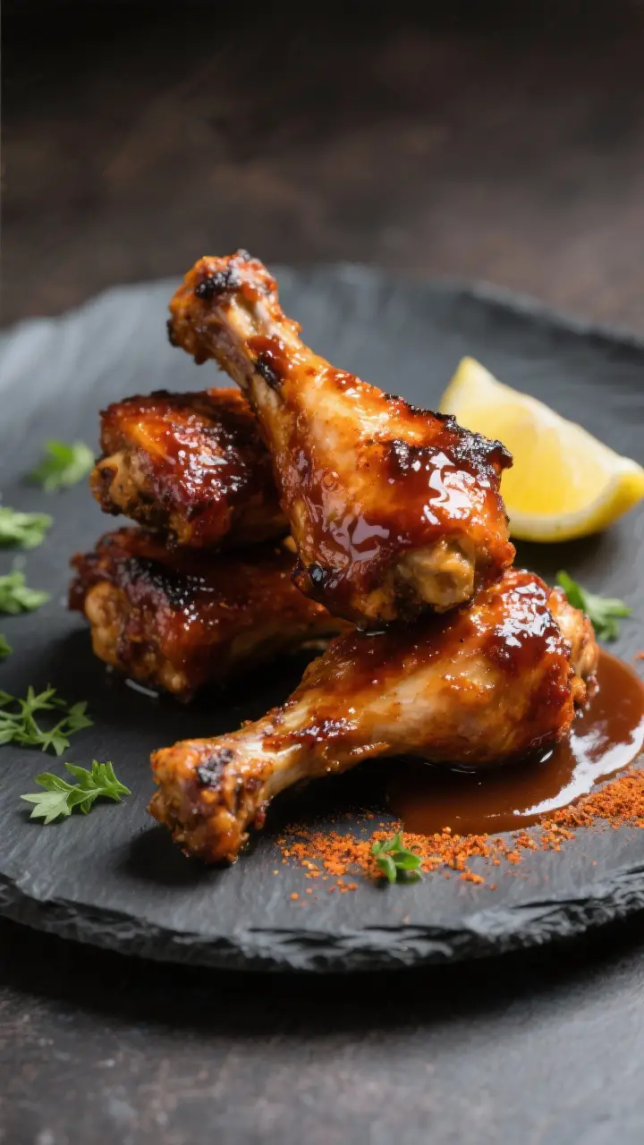 Final plated restaurant-quality presentation: three BBQ-glazed drumsticks with a high-gloss finish a