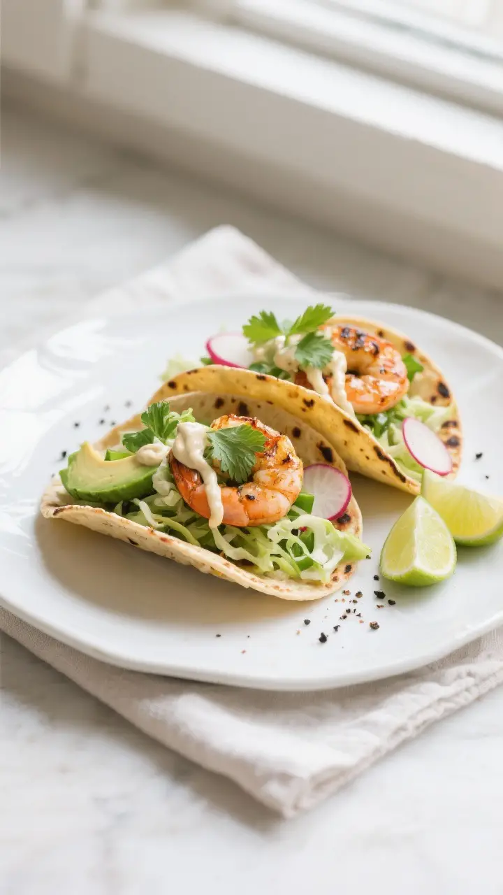 Final plated taco beauty: Two grilled shrimp tacos on warm, lightly charred corn tortillas, filled w