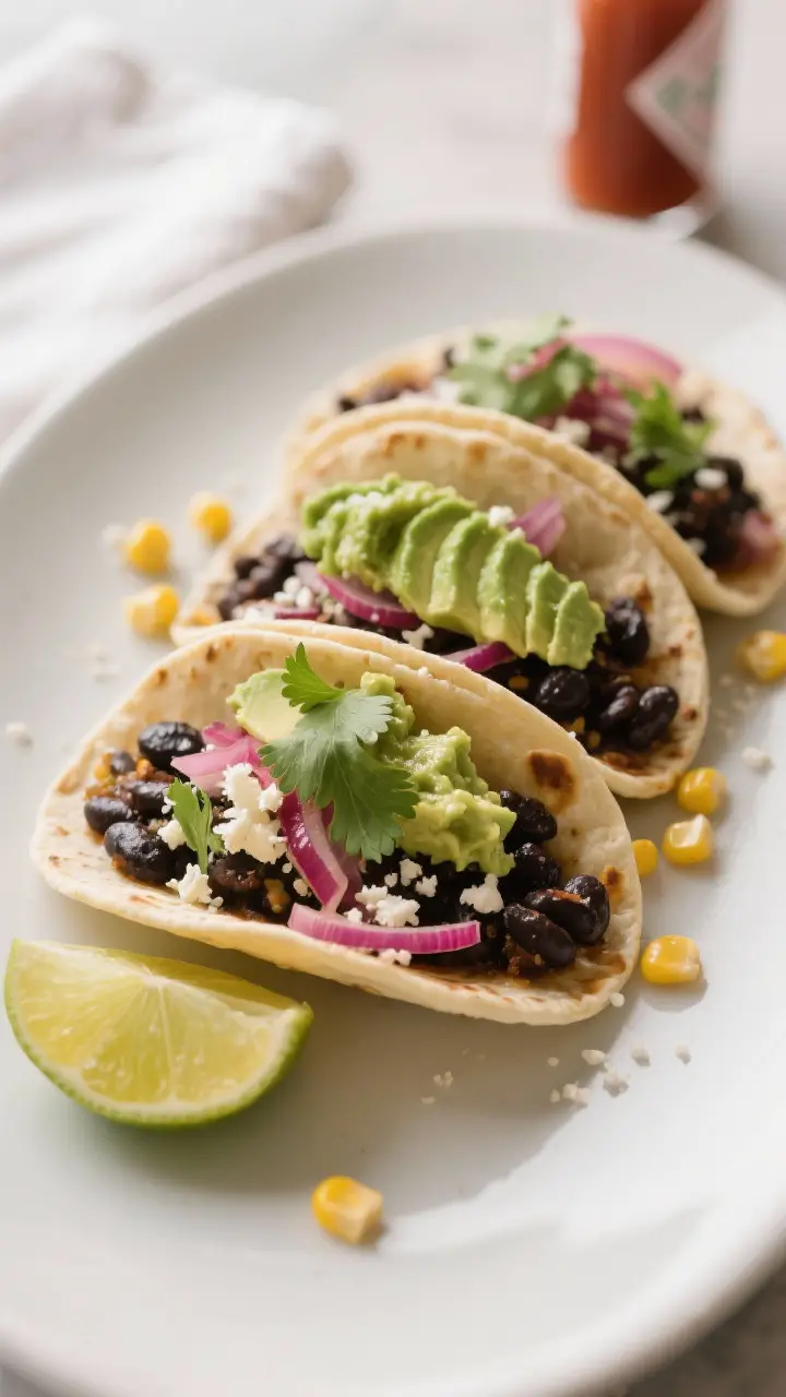 Final plated tacos, restaurant-quality presentation: Three assembled lunch box tacos on a matte whit