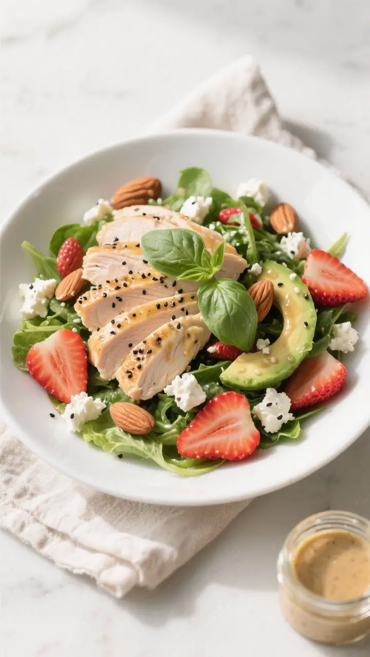 Final plated, tasty top view: Chicken and Strawberry Poppy Seed Salad composed on a white shallow bo