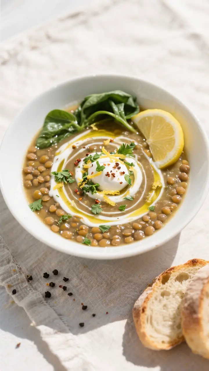 Final plated, top-down presentation: Overhead shot of a shallow white bowl filled with Lemony Lentil