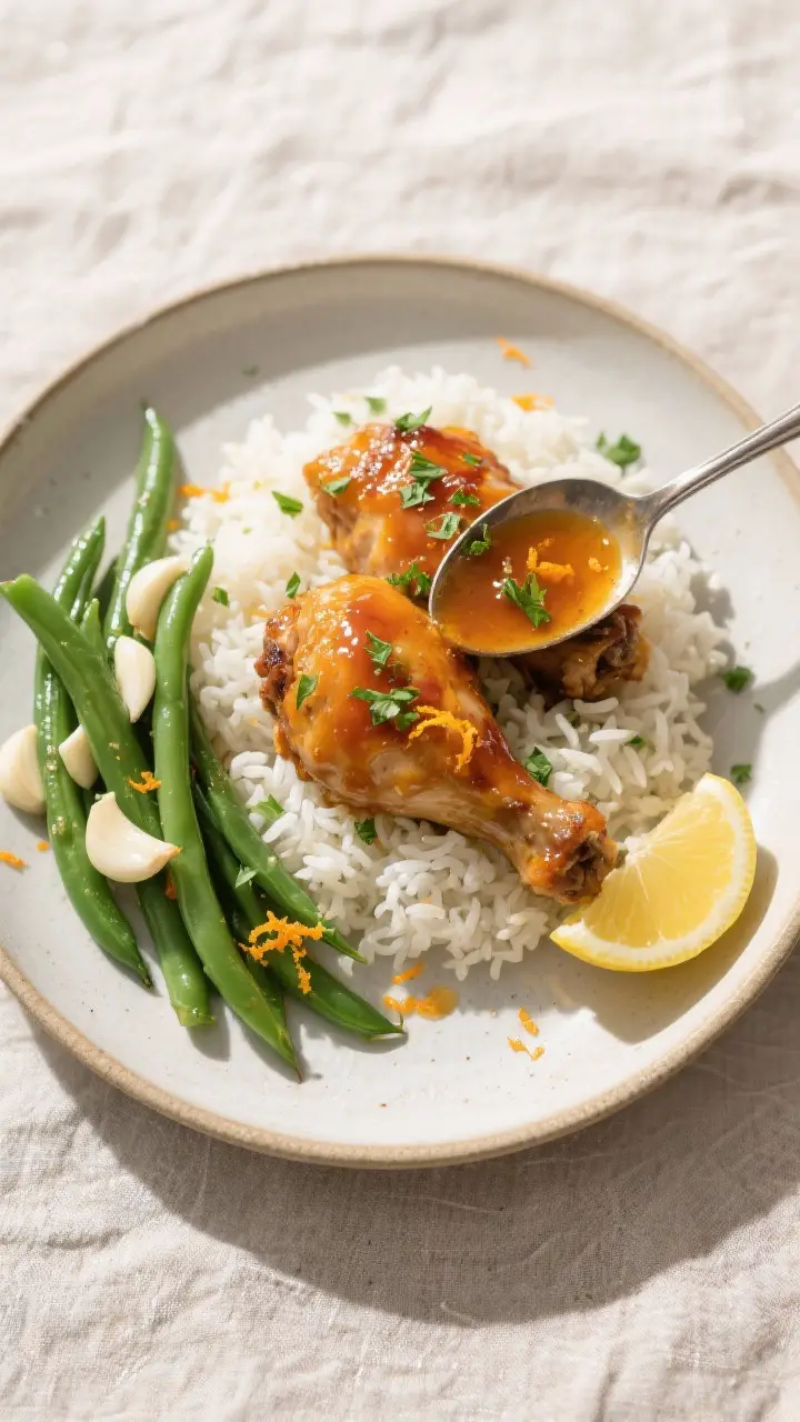 Final plated top view: Overhead shot of beautifully plated apricot glazed chicken thighs over fluffy