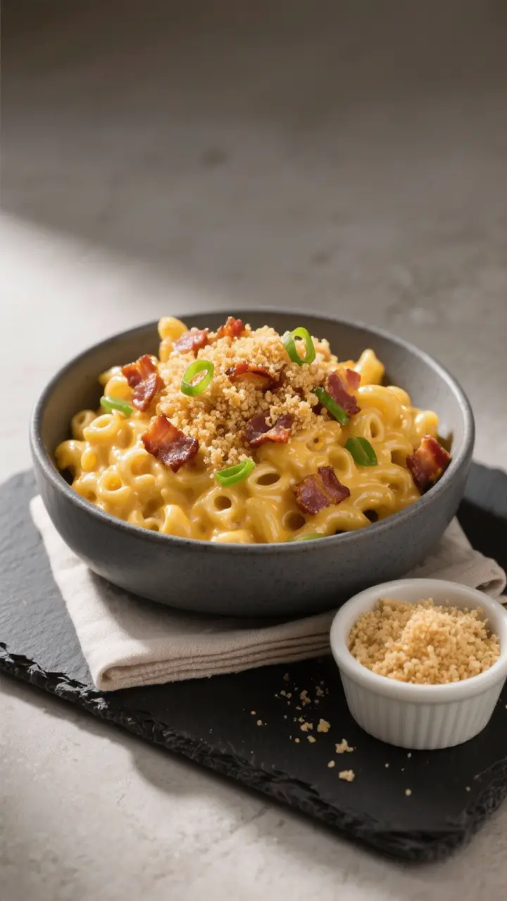 Final plated variation: Restaurant-quality bowl of Bacon Crunch mac and cheese—golden, creamy sauc