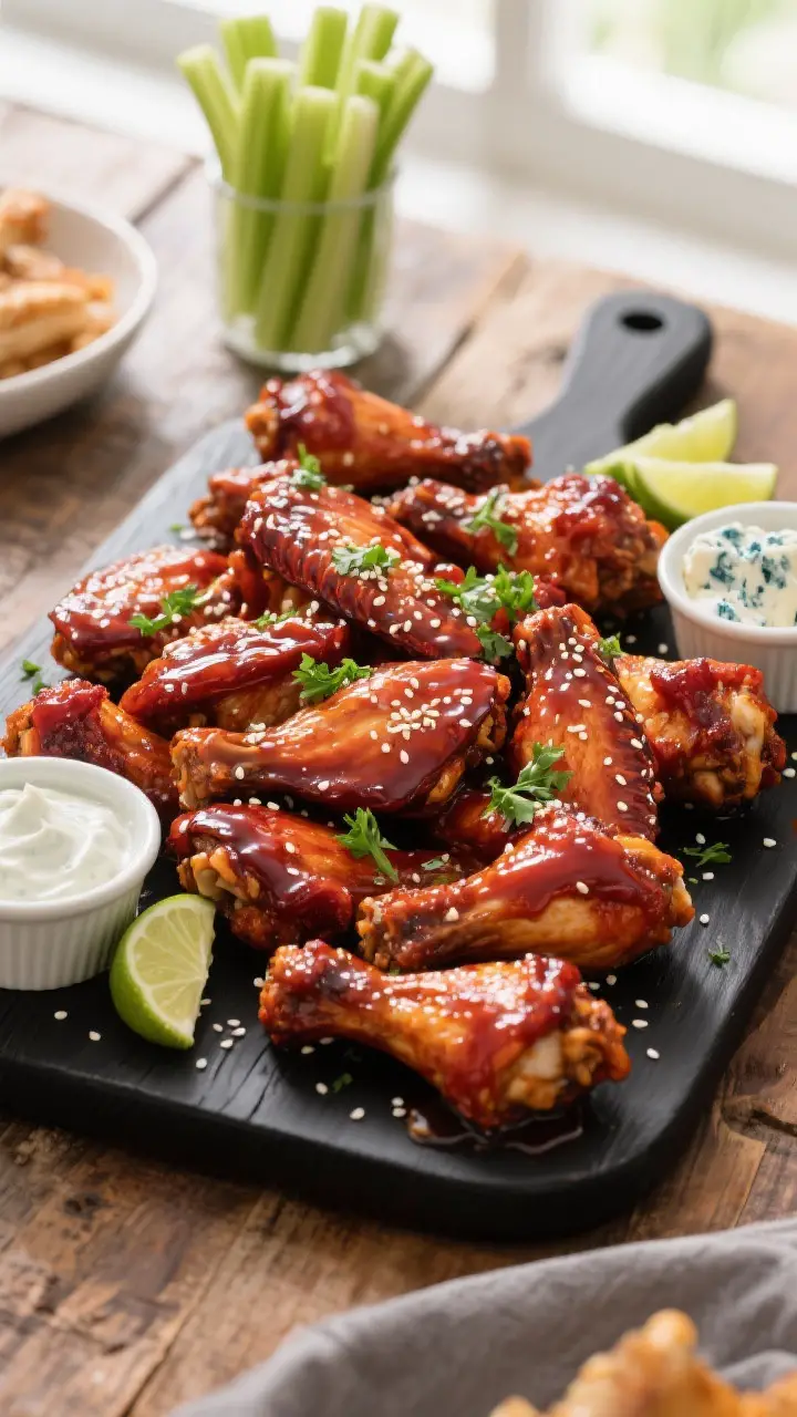 Final platter presentation, top-down: A heaping serving board of BBQ chicken flats and drumettes, de