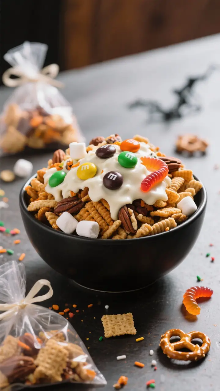 Final presentation beauty shot: Bowl of Zombie Bait Chex Mix piled high in a matte black serving bow