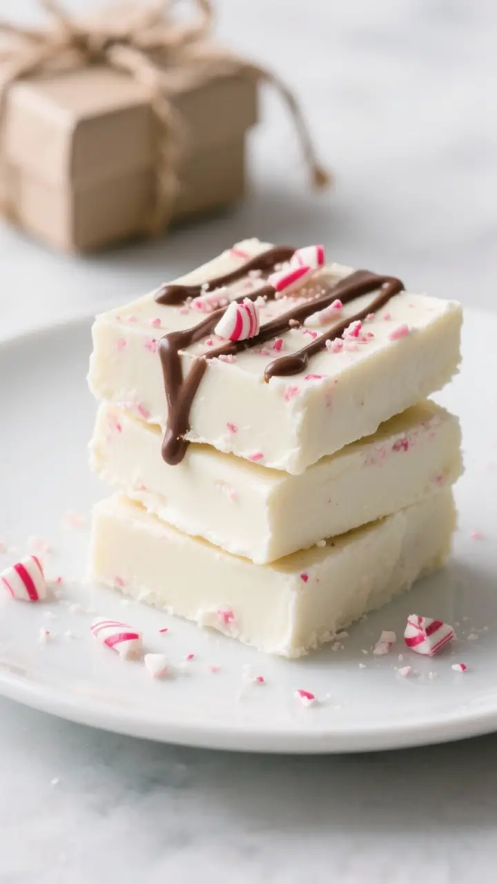 Final presentation beauty shot: Close-up of neatly cut white chocolate peppermint fudge squares stac