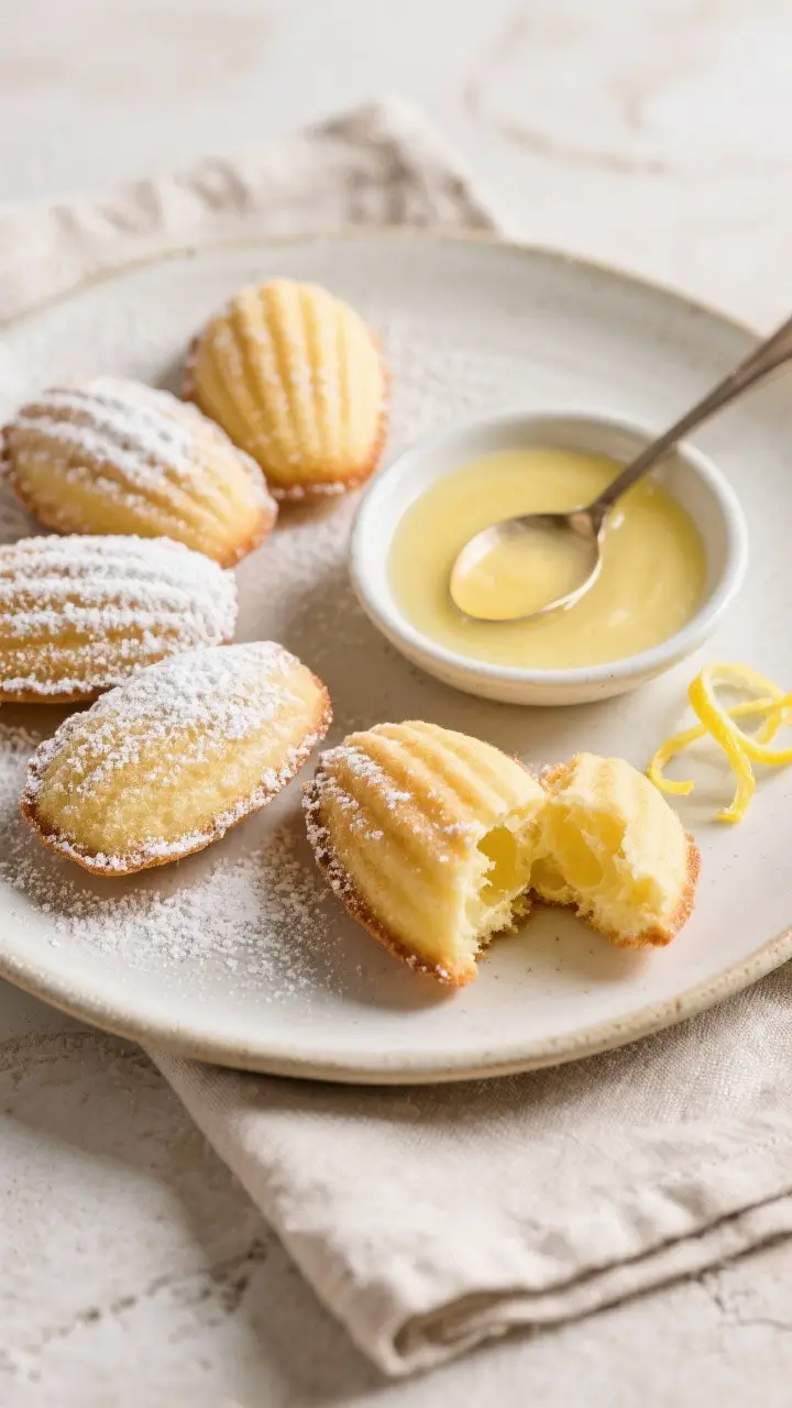 Final presentation: Elegant plate of lemon madeleines for tea-time service—ridged sides up, evenly