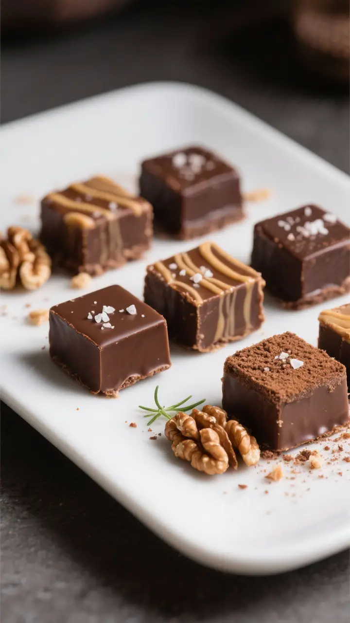 Final presentation — neat squares with variations: Beautifully plated bite-size fudge squares cut 