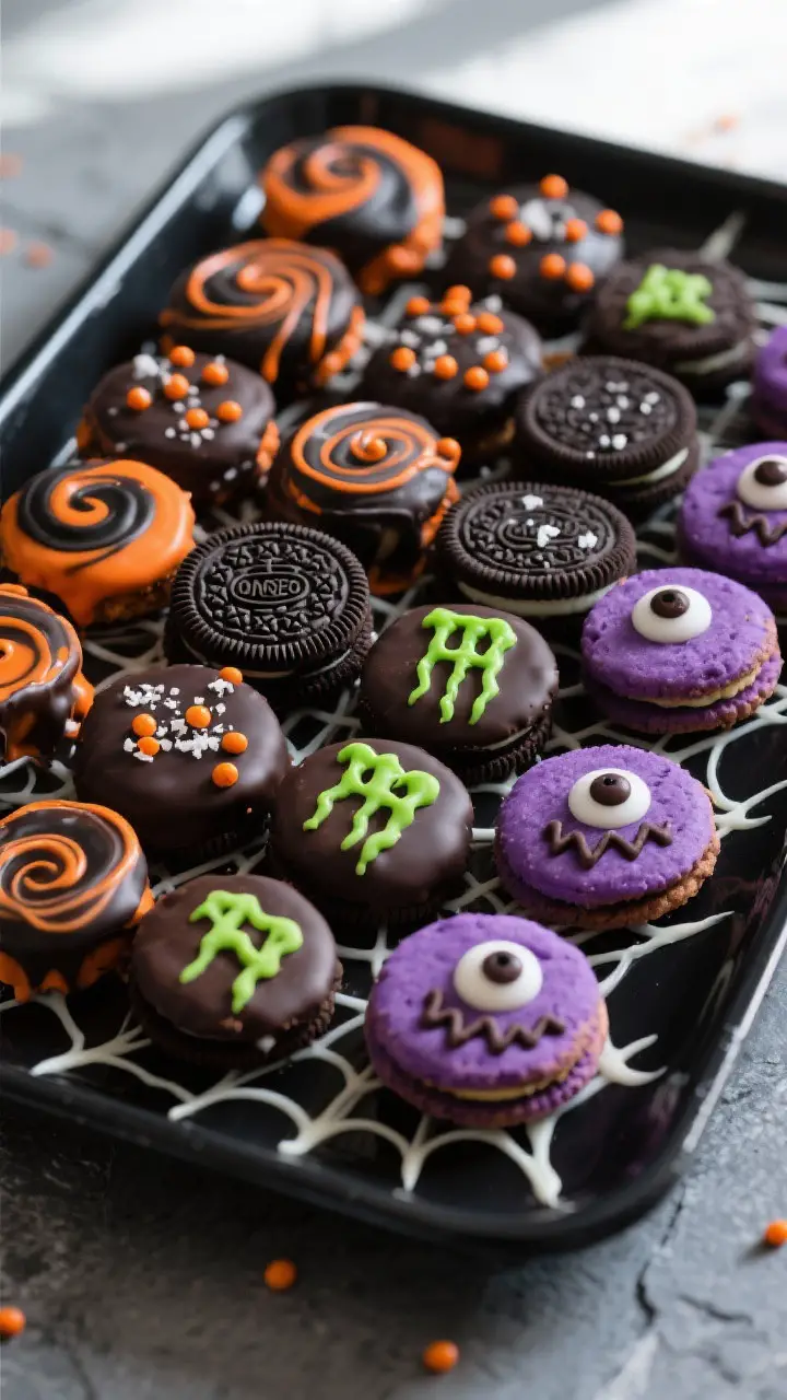 Final presentation: Party-ready platter of assorted Halloween Chocolate Dipped Oreos arranged by des