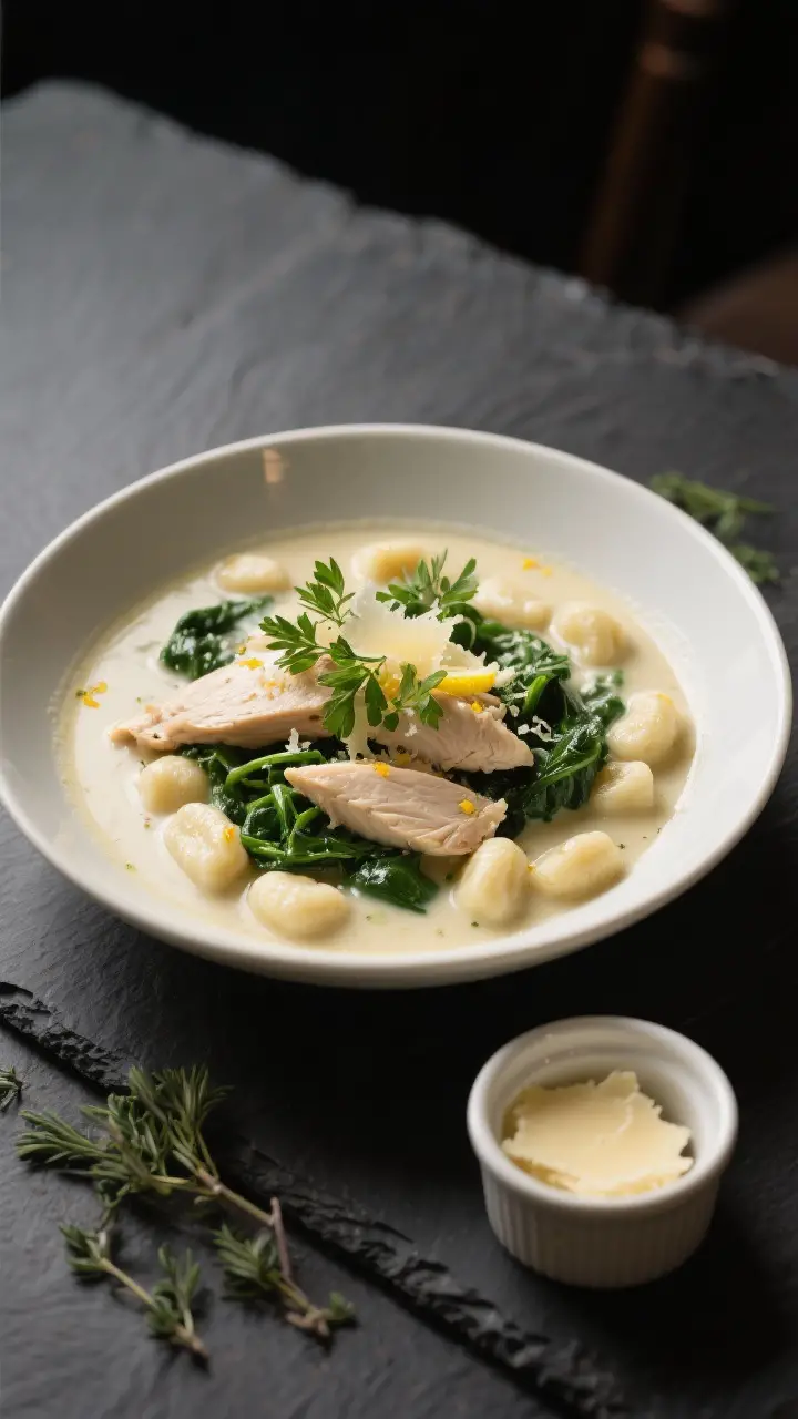 Final presentation, restaurant-quality plating: Beautifully plated Chicken and Gnocchi Soup in a sha