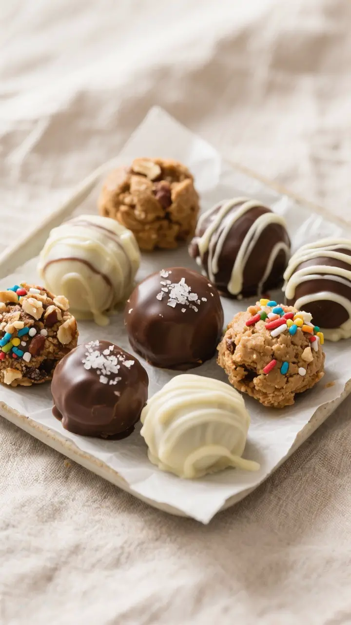 Final presentation shot: A small platter of assorted cookie dough truffles arranged for gifting/ente