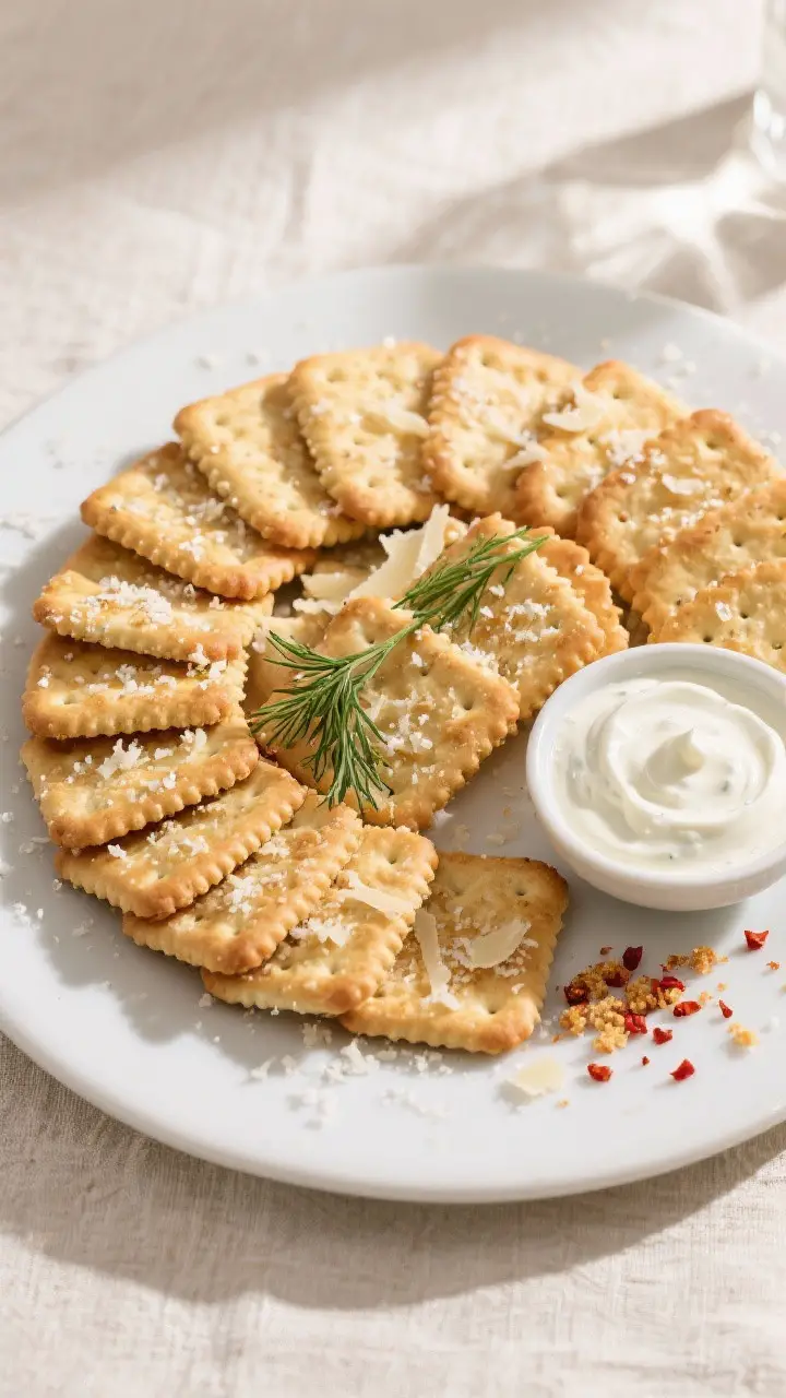 Final presentation shot: Beautifully plated Ranch Ritz Crackers arranged in a neat spiral on a matte