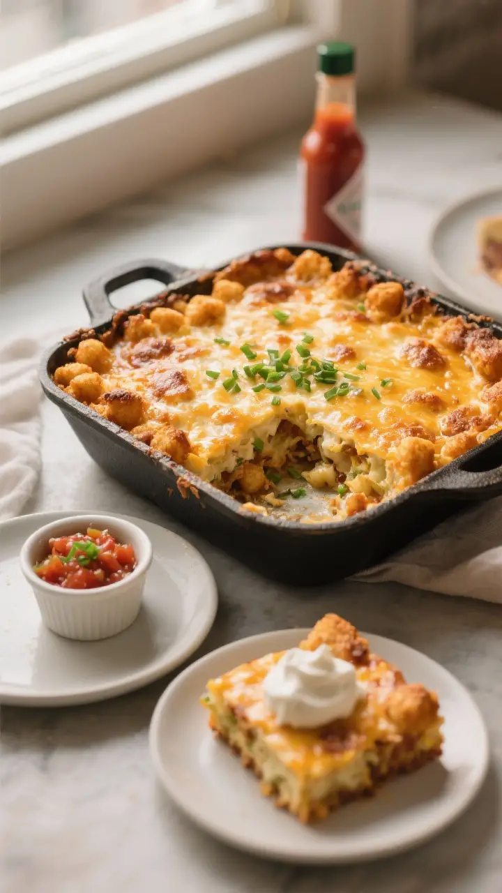 Final presentation shot: Restaurant-quality overhead beauty shot of the fully baked Tater Tot Breakf