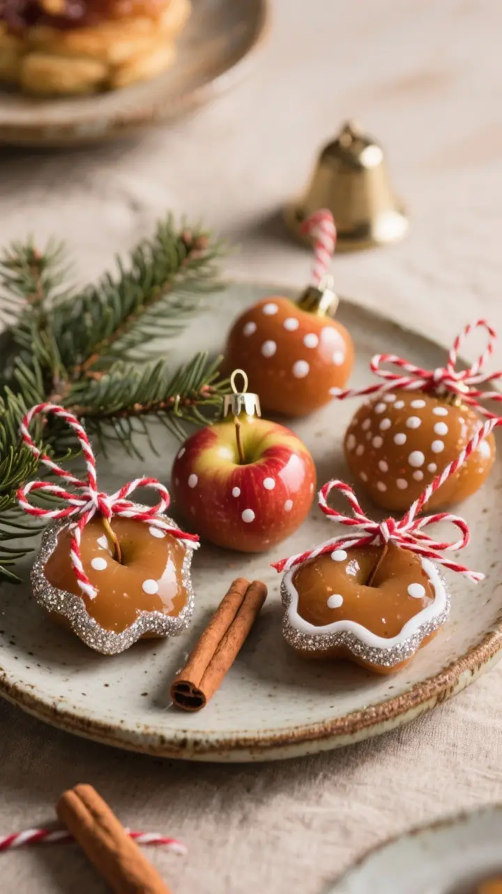Final presentation, styled: Beautifully finished cinnamon applesauce ornaments tied with red-and-whi