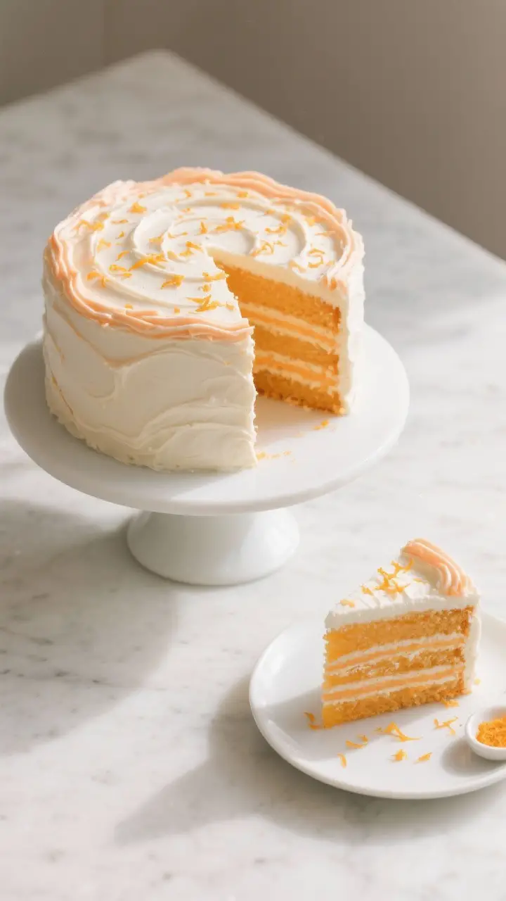 Final presentation top view: Overhead bakery-style scene of a fully frosted Orange Creamsicle layer 