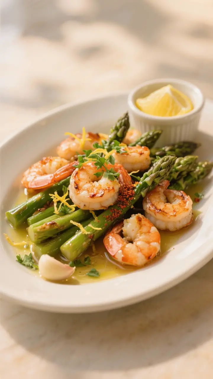 Final restaurant-quality presentation of shrimp and asparagus piled onto a warm white oval platter,